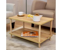City of Wood - Rechthoekige salontafel met houten poten, twee planken en tijdschriftenrek - 72x45 cm Decoratieve tafel - Beige