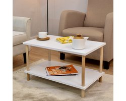 City of Wood - Rechthoekige Salontafel met Houten Poten, Twee Planken en Tijdschriftenrek - 72x45 cm Decoratieve Tafel - Wit