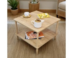 City of Wood - Vierkante salontafel met houten poten en twee planken, decoratief tijdschriftenrek, krantenhouder - beige
