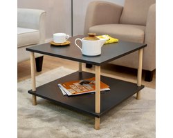 City of Wood - Vierkante salontafel met houten poten en twee planken, decoratief tijdschriftenrek, krantenhouder - grijs