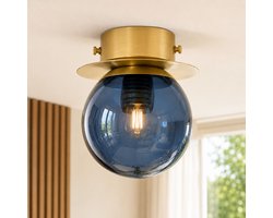 Clarvel Luno Plafondlamp Goud met Blauw Glas Ø15 cm – E27 Fitting – Moderne Glazen Plafonnière – Sfeervolle Verlichting – Zonder Lichtbron