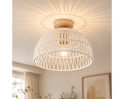 Clarvel Madera Plafondlamp Rotan Wit - Boho Plafondlamp - Houten Plafondlamp - E27 Plafondverlichting - Moderne Rotan Lamp voor Woonkamer, Slaapkamer, Hal en Eetkamer