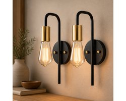 Clarvel Novaro Wandlamp Zwart/Goud - Set van 2 - Industriële Wandlamp - E27 Wandverlichting - Design Wandlamp - Wandlamp voor Woonkamer, Slaapkamer, Hal en Badkamer