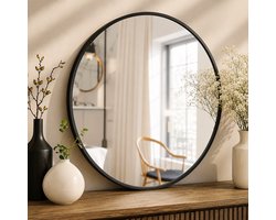 Clarvel Soren Ronde Spiegel 60 cm - Zwart - Aluminium Frame - Wandspiegel - Badkamerspiegel - Hal Spiegel - Woonkamer Spiegel