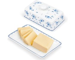Classic Porselein Boterdish met Deksel, Keramische Boterhouder met Verhoogde Voet, Ideaal voor Keuken en Cafeteria, Blauw en Wit Design, Perfect voor Boteropslag en Presentatie
