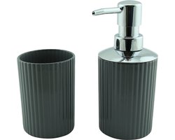 Clayre & Eef - Badkamerset Glas 2-delig - Zeeppomp & Beker - Grijs