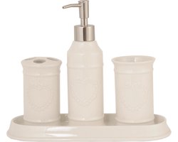 Clayre & Eef Badkamerset Set van 4 Beige Keramiek Ovaal Badkamer Accessoires Set
