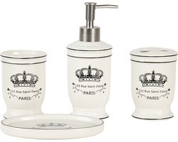 Clayre & Eef Badkamerset Set van 4 Beige Zwart Keramiek Kroon Paris Badkamer Accessoires Set