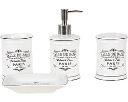 Clayre & Eef Badkamerset Set van 4 Wit Keramiek Rond Salle De Bains Badkamer Accessoires Set Badkamer Accessoires