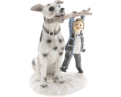 Clayre & Eef Beeld  Hond 18 cm Wit Blauw Kunststof Woonaccessoires beeld decoratie  Decoratieve Accessoires