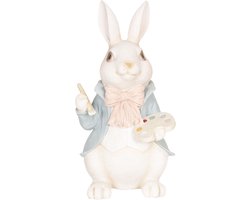 Clayre & Eef Beeld  Konijn 19*19*38 cm Wit Blauw Kunststof Woonaccessoires beeld decoratie  Paashaas