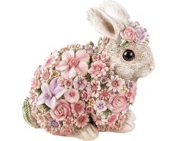 Clayre & Eef Beeld Konijn 19x12x18 cm Roze Polyresin Bloemen Woonaccessoires