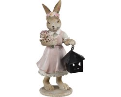 Clayre & Eef Beeld Konijn 7x6x14 cm Roze Beige Polyresin Woonaccessoires