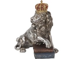 Clayre & Eef Beeld  Leeuw 42x25x44 cm Zilverkleurig Kunststof Woonaccessoires beeld decoratie  Decoratieve Accessoires