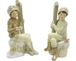 Clayre & Eef Beeld Set van 2 Kinderen 18 cm Beige Goudkleurig Kunststof