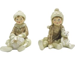 Clayre & Eef Beeld Set van 2 Kinderen 9 cm Beige Goudkleurig Kunststof