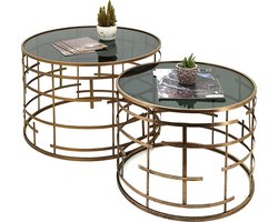 Clayre & Eef Bijzettafel Set van 2 Ø 75 / Ø 60 cm Goudkleurig Metaal Glas Rond Salontafel