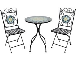 Clayre & Eef Bistroset Bistrotafel Bistrostoel 3-delig Ø 60x72 cm Zwart Groen Ijzer Rond Balkonset