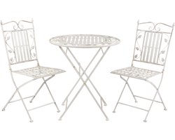 Clayre & Eef Bistroset Bistrotafel Bistrostoel 3-delig Ø 70x77 cm Wit Ijzer Bladeren Balkonset