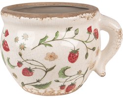Clayre & Eef Bloempot 17x14x12 cm Beige Rood Keramiek Aardbeien