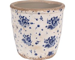 Clayre & Eef Bloempot Binnen Ø 15x14 cm Beige Blauw Keramiek Roosjes