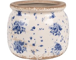 Clayre & Eef Bloempot Binnen Ø 16x13 cm Beige Blauw Keramiek Roosjes Plantenpot