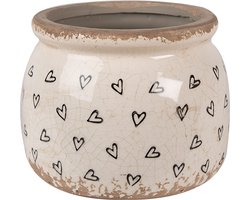 Clayre & Eef Bloempot Ø 12x10 cm Beige Zwart Keramiek Hartjes