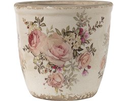 Clayre & Eef Bloempot Ø 12x12 cm Roze Beige Keramiek Rond Bloemen Bloempot binnen
