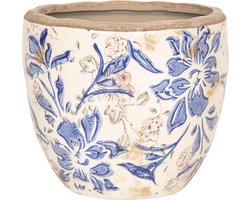 Clayre & Eef Bloempot Ø 13x11 cm Blauw Beige Keramiek Rond Bloemen Bloempot binnen