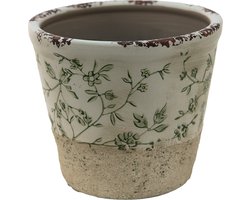 Clayre & Eef Bloempot Ø 16x16 cm Groen Wit Keramiek Bladeren