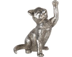Clayre & Eef Decoratie Beeld Kat 8*7*11 cm Zilverkleurig Kunststof Decoratief Figuur Decoratieve Accessoires Woonaccessoires