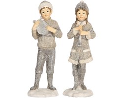 Clayre & Eef Decoratie Beeld Kinderen 8x7x22 cm Grijs Kunststof