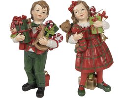 Clayre & Eef Decoratie Beeld Kinderen set van 2 / 13 cm Rood Groen Polyresin
