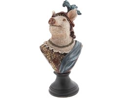 Clayre & Eef Decoratie Beeld Varken 14*11*26 cm Bruin, Blauw Kunststof Decoratief Figuur Decoratieve Accessoires Woonaccessoires