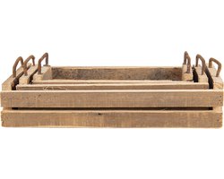 Clayre & Eef Decoratie Dienblad Set van 3 Bruin Hout Metaal Rechthoek Serveerschaal