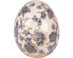 Clayre & Eef Decoratie Ei Ø 11x14 cm Beige Blauw Keramiek Bloemen