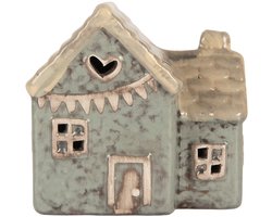 Clayre & Eef Decoratie Huis met LED LED 8x6x8 cm Groen Keramiek
