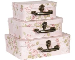 Clayre & Eef Decoratie Koffer Set van 3 30x21x9/25x18x9/20x16x8 cm Roze Karton Bloemen