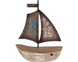 Clayre & Eef Decoratie Model Boot 11 cm Bruin Blauw Hout IJzer