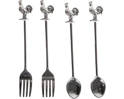 Clayre & Eef Dessertbestek Set van 4 14*10*2 cm Zilverkleurig Zink Haan Bestekset Bestek Set Dessert Bestek