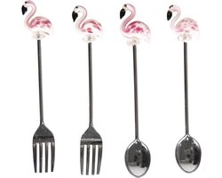 Clayre & Eef Dessertbestek Set van 4 14x10 cm Zilverkleurig Zink Flamingo Bestekset Bestek Set Dessert Bestek