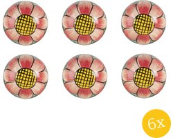 Clayre & Eef Deurknop set van 6 stuks 3x7 cm Rood Roze Hout Rond Bloem Meubelknop