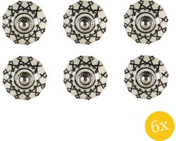 Clayre & Eef Deurknop set van 6 stuks 4x6 cm Wit Zwart Keramiek Rond Meubelknop