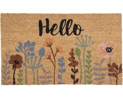 Clayre & Eef Deurmat 75x45 cm Bruin Kokosvezel Pvc Rechthoek Bloemen Hello Kokosmat
