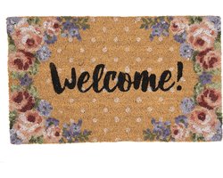 Clayre & Eef Deurmat 75x45 cm Bruin Kokosvezel Pvc Rechthoek Bloemen Welcome Kokosmat