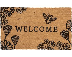 Clayre & Eef Deurmat 75x45 cm Bruin Kokosvezel Rubber Rechthoek Bloemen Welcome Kokosmat