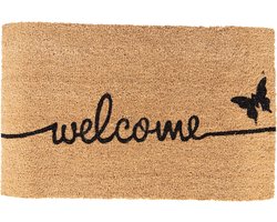 Clayre & Eef Deurmat 75x45 cm Bruin Kokosvezel Rubber Rechthoek Vlinder Welcome Kokosmat