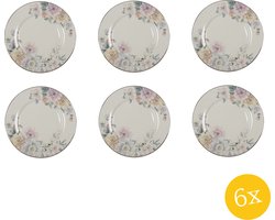 Clayre & Eef Dinerbord set van 6 stuks Ø 26 cm Beige Roze Porselein Bloemen Eetbord