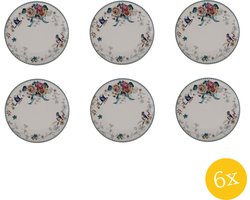 Clayre & Eef Dinerbord set van 6 stuks Ø 26 cm Wit Roze Porselein Rond Bloemen Eetbord