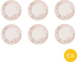 Clayre & Eef Dinerbord set van 6 stuks Ø 27 cm Roze Wit Porselein Bloemen Eetbord
